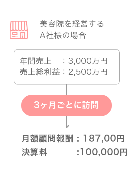 美容院を経営する
A社様の場合 年間売上　：3,000万円 / 売上総利益：2,500万円 3ヶ月ごとに訪問 / 月額顧問報酬 : 187,00円 決算料:100,000円
